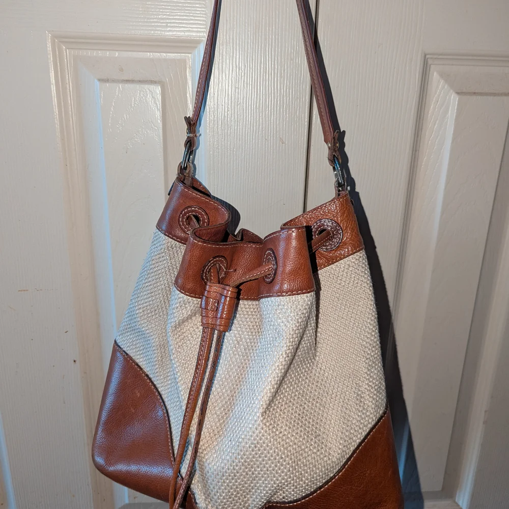 Elegant Two-Tone Leather and Canvas Women's Bag - Picture 5 of 9